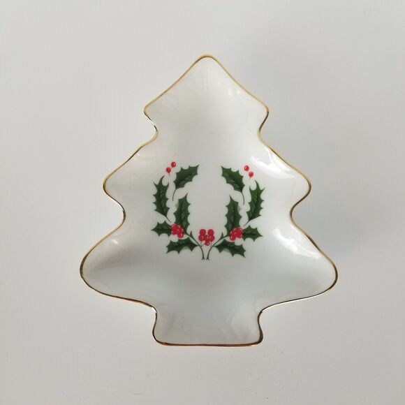 Christmas Tree Trinket Candy Dish Holly Berry Design Japan 6 inch Holiday - Picture 1 of 6